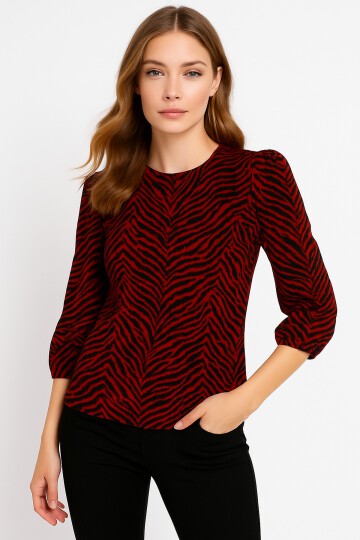 Kadın Bisiklet Yaka Esnek Desenli Spor Şık Truvakar Kol Bluz