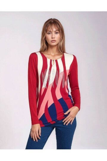 Kadın Bisiklet Yaka Esnek Desenli Taşlı Viskon Uzun Kol Curve Büyük Beden Bluz