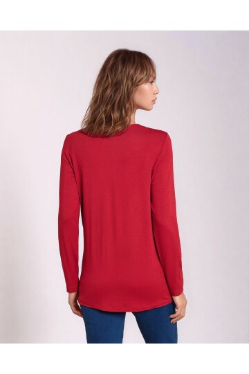 Kadın Bisiklet Yaka Esnek Desenli Taşlı Viskon Uzun Kol Curve Büyük Beden Bluz