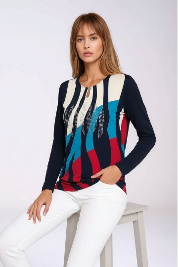 Kadın Bisiklet Yaka Esnek Desenli Taşlı Viskon Uzun Kol Curve Büyük Beden Bluz