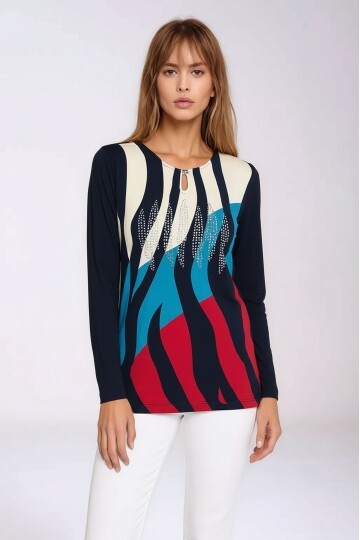 Kadın Bisiklet Yaka Esnek Desenli Taşlı Viskon Uzun Kol Curve Büyük Beden Bluz