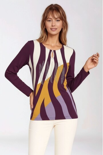 Kadın Bisiklet Yaka Esnek Desenli Taşlı Viskon Uzun Kol Curve Büyük Beden Bluz