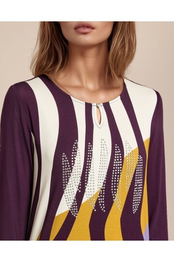 Kadın Bisiklet Yaka Esnek Desenli Taşlı Viskon Uzun Kol Curve Büyük Beden Bluz