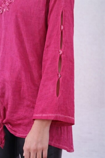 Kadın Bisiklet Yakası Taşlı %100 Cotton Viskon Uzun Kol Curve Büyük Beden Bluz