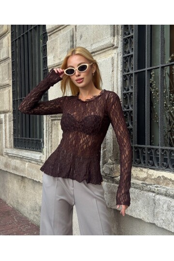 Kadın Bisiklet Yaka Full Esnek Dantel Bürümcük Spor Şık Tasarım Asimetrik Kesim Gece Bluzu