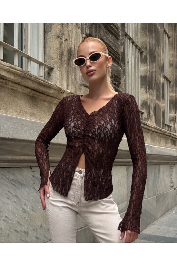 Kadın V Yaka Full Esnek Dantel Bürümcük Spor Şık Tasarım Asimetrik Kesim Gece Bluzu