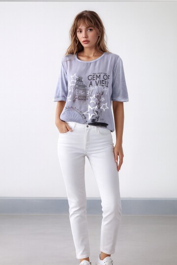 Kadın Bisiklet Yaka Kısa Kol Baskı Detaylı Spor Şık Curve Beli Lastikli Şifon Bluz