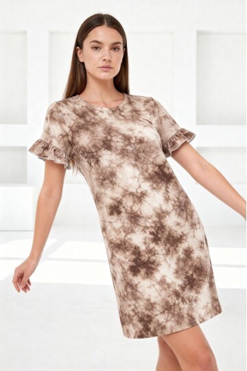 Kadın Bisiklet Yaka Kısa Volanlı Kol Viskon Günlük Midi Boy Desenli Casual Elbise