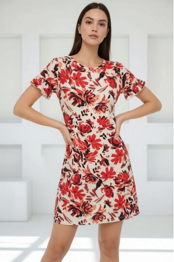 Kadın Bisiklet Yaka Kısa Volanlı Kol Viskon Günlük Midi Boy Desenli Casual Elbise