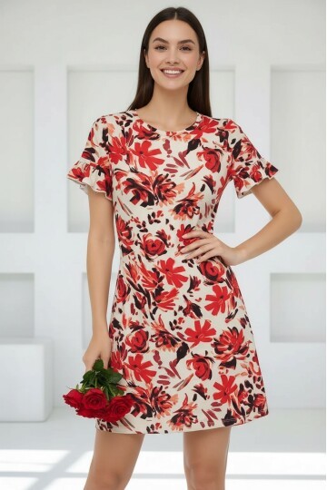 Kadın Bisiklet Yaka Kısa Volanlı Kol Viskon Günlük Midi Boy Desenli Casual Elbise