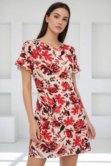 Kadın Bisiklet Yaka Kısa Volanlı Kol Viskon Günlük Midi Boy Desenli Casual Elbise