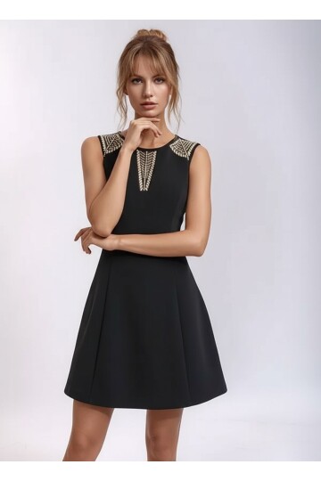 Kadın Bisiklet Yaka Gold Taş Baskılı Omuz Çan Etek Şık Curve Abiye Elbise