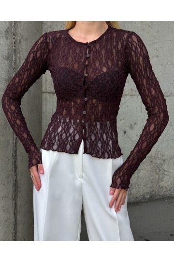 Kadın Bisiklet Yaka Önden Düğmeli Full Esnek Dantel Bürümcük Spor Şık Tasarım Gece Bluzu