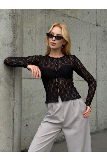 Kadın Bisiklet Yaka Önden Düğmeli Full Esnek Dantel Bürümcük Spor Şık Tasarım Gece Bluzu
