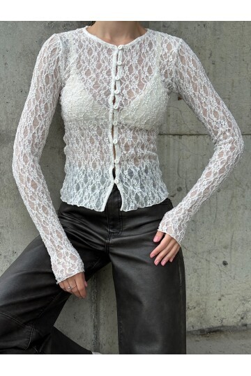 Kadın Bisiklet Yaka Önden Düğmeli Full Esnek Dantel Bürümcük Spor Şık Tasarım Gece Bluzu