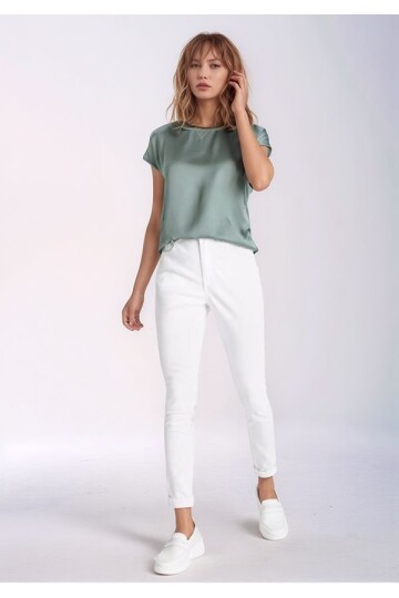 Kadın Bisiklet Yaka Saten Viskon Kısa Kol Spor Şık Bluz