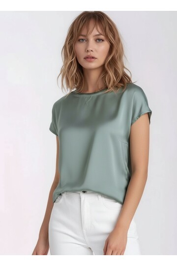 Kadın Bisiklet Yaka Saten Viskon Kısa Kol Spor Şık Bluz