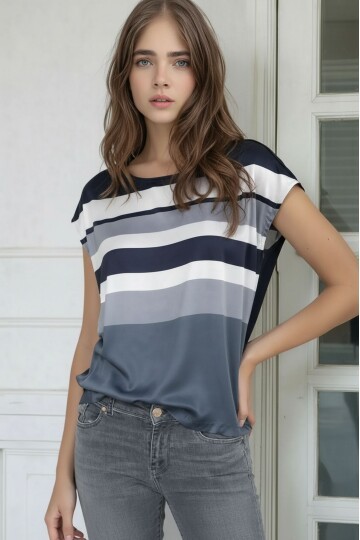 Kadın Bisiklet Yaka Saten Viskon Kısa Kol Spor Şık Çizgili Bluz
