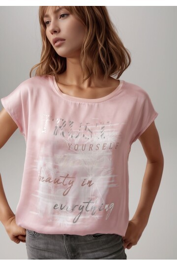 Kadın Bisiklet Yaka Saten Viskon Kısa Kol Spor Şık Desenli Bluz