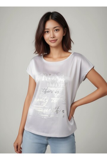 Kadın Bisiklet Yaka Saten Viskon Kısa Kol Spor Şık Desenli Bluz