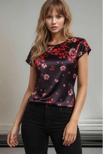 Kadın Bisiklet Yaka Saten Viskon Kısa Kol Spor Şık Desenli Bluz