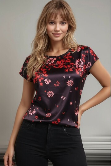 Kadın Bisiklet Yaka Saten Viskon Kısa Kol Spor Şık Desenli Bluz