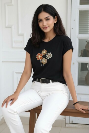 Kadın Bisiklet Yaka Jersey Pamuklu Çiçek Nakışlı Kısa Kol Spor Şık Bluz