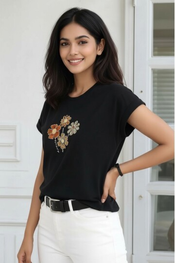 Kadın Bisiklet Yaka Jersey Pamuklu Çiçek Nakışlı Kısa Kol Spor Şık Bluz