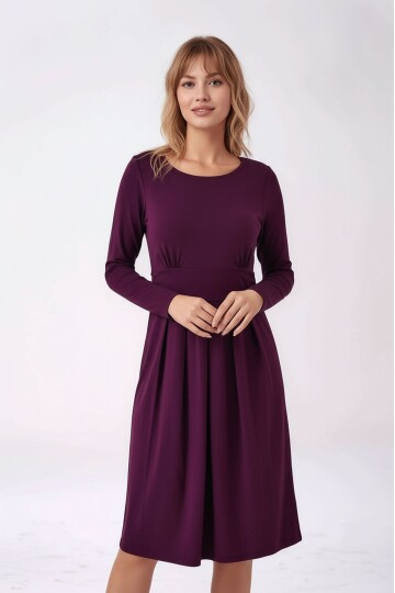 Kadın Bisiklet Yaka Tesettüre Uygun Uzun Kol Viskon Gizli Emzirme Bölümlü Şık Hamile Elbisesi