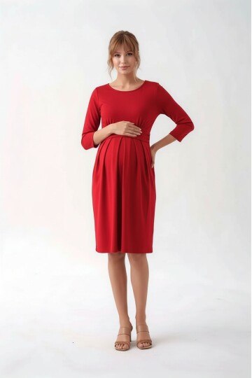 Kadın Bisiklet Yaka Tesettüre Uygun Uzun Kol Viskon Gizli Emzirme Bölümlü Şık Hamile Elbisesi