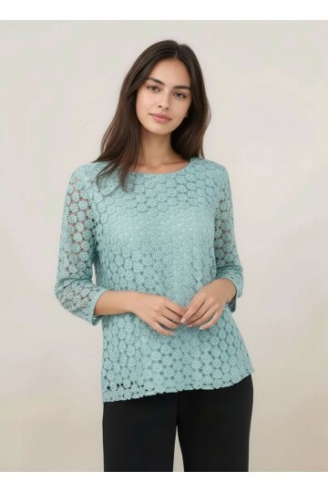 Kadın Bisiklet Yaka Truvakar Kol Çiçek Güpürlü Büyük Beden Curve Bluz