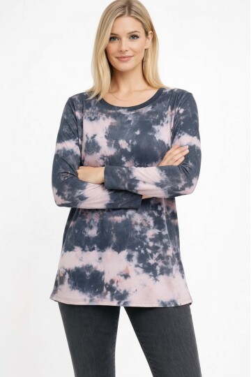 Kadın Bisiklet Yaka Uzun Kol Dijital Baskı Batik Pamuk Basic T-shirt