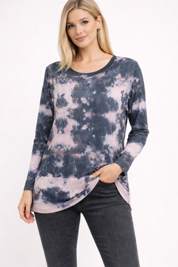 Kadın Bisiklet Yaka Uzun Kol Dijital Baskı Batik Pamuk Basic T-shirt