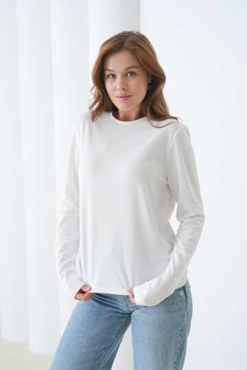 Kadın Bisiklet Yaka Uzun Kol Parmak Geçirmeli Spor Şık Bluz