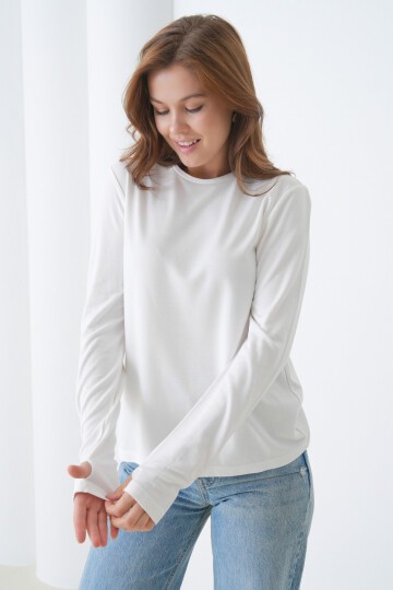 Kadın Bisiklet Yaka Uzun Kol Parmak Geçirmeli Spor Şık Bluz