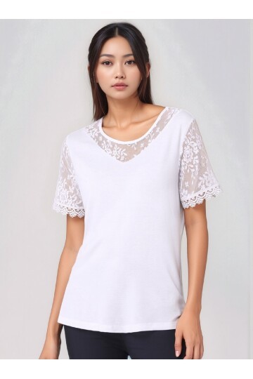 Kadın Bisiklet Yaka Yarım Dantel Kol ve Yaka Detay Viskon Büyük Beden Curve Bluz