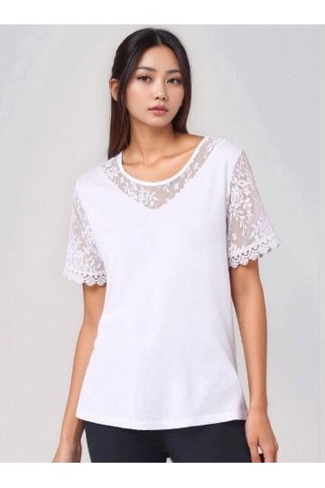 Kadın Bisiklet Yaka Yarım Dantel Kol ve Yaka Detay Viskon Büyük Beden Curve Bluz
