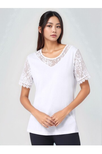 Kadın Bisiklet Yaka Yarım Dantel Kol ve Yaka Detay Viskon Büyük Beden Curve Bluz