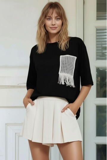Kadın Bisiklet Yaka Yarım Kol Basic %100 Pamuk Düz Cep Örgü Curve Büyük Beden Tshirt