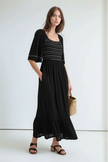 Kadın Kare Yaka Yarım Kol Maxi Boy Günlük/Casual Yazlık Viskon Spor Şık Elbise