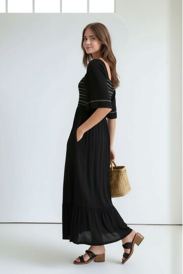 Kadın Kare Yaka Yarım Kol Maxi Boy Günlük/Casual Yazlık Viskon Spor Şık Elbise