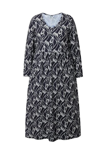 Kadın Büyük Beden Bisiklet Yaka Desenli Belden Latik Uzun Kol Şık Curve Elbise