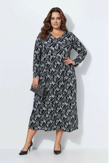 Kadın Büyük Beden Bisiklet Yaka Desenli Belden Latik Uzun Kol Şık Curve Elbise