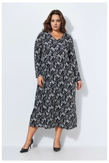 Kadın Büyük Beden Bisiklet Yaka Desenli Belden Latik Uzun Kol Şık Curve Elbise