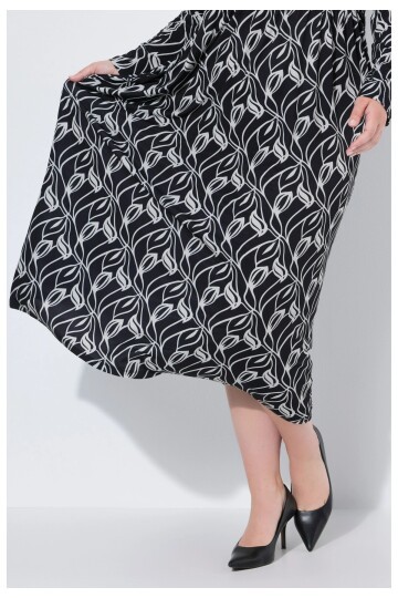 Kadın Büyük Beden Bisiklet Yaka Desenli Belden Latik Uzun Kol Şık Curve Elbise