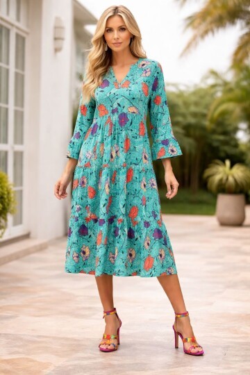 Kadın Büyük Beden Truvakar Kol Volanlı Katlı Etekli Curve Spor Şık Pamuk Yazlık Elbise