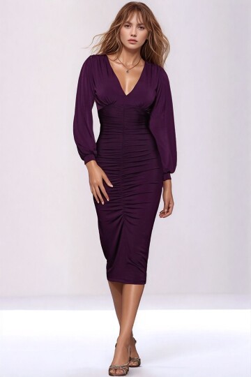 Kadın Büyük Beden V Yaka Önden Büzgülü Uzun Kol Mürdüm Rengi Şık Curve Gece Abiye Elbisesi