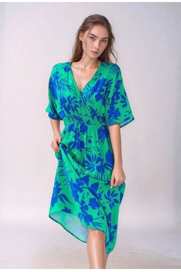 Kadın Çiçek Desen Şık Pamuk Yarım Volanlı Kol V Yaka Beli Lastikli Yazlık Curve Büyük Beden Elbise