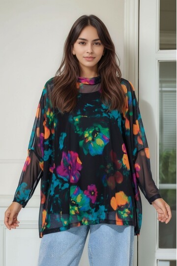 Kadın Çiçek Desenli Yarım Balıkçı Büyük Beden Curve Spor Şık Uzun Kol Atletli Tül Bluz