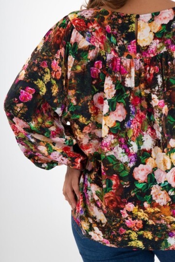 Kadın Curve Büyük Beden Önü Çiçek Drapeli Uzun Kol Spor Şık Bluz